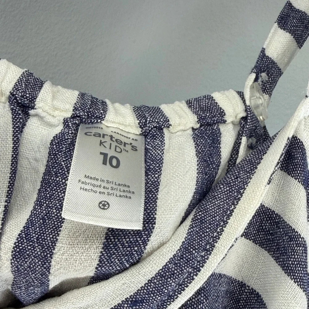 Carters Girls Blue White Striped Linen Blend Sundress Size 10 Nautical Summer